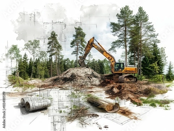 Fototapeta Excavator digging in a forest clearing with trees and logs
