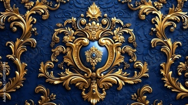 Fototapeta Continuous pattern, elegant damask wallpaper, sophisticated gold rococo scroll rich deep blue background.