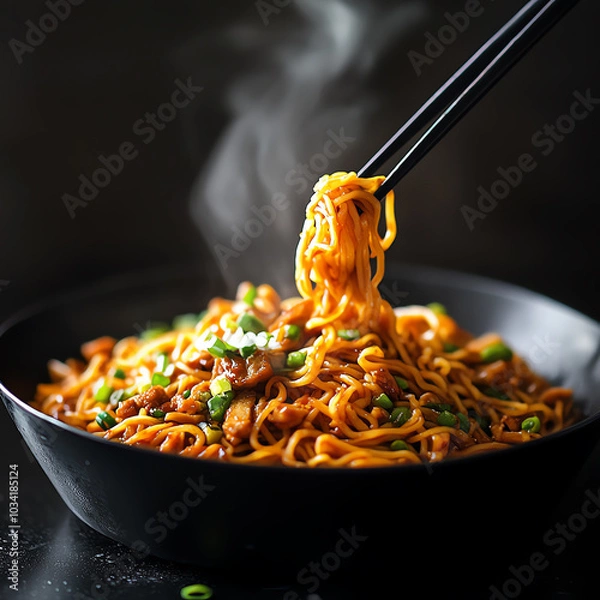 Fototapeta A steaming bowl of delicious noodles garnished with green onions, being lifted by chopsticks in a dark background setting.