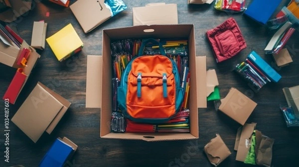 Fototapeta Back to School Donation Drive, a cardboard box overflowing with vibrant school supplies, a colorful backpack, promoting community support for students in need.