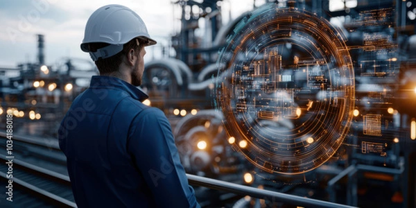 Fototapeta Industrial Worker Looking at Futuristic Digital Interface