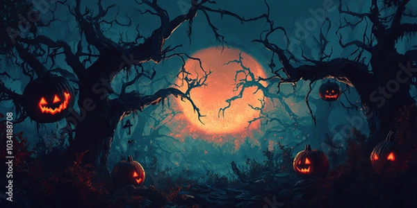 Fototapeta Horror pumpkin silhouette on a dark autumn night with spooky bats and a full moon,Generated By Ai