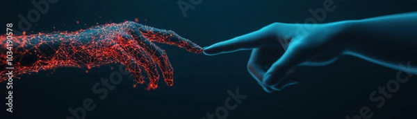 Fototapeta digital representation of two hands reaching towards each other, one human and one composed of glowing red and blue lines, symbolizing interaction between humanity and technology