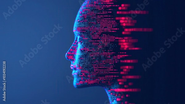 Fototapeta image depicts digital representation of human face, composed of binary code and vibrant colors, symbolizing intersection of technology and humanity