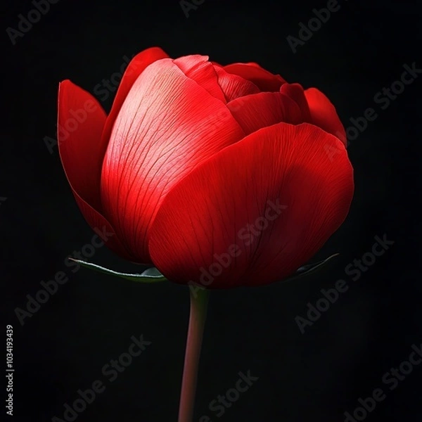 Fototapeta A close-up of a vibrant red flower against a dark background, showcasing its delicate petals and natural beauty.