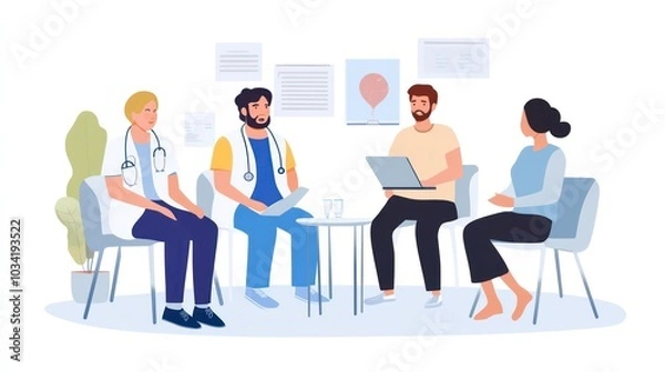 Fototapeta A group of doctors are discussing a patient's case while sitting in a conference room.