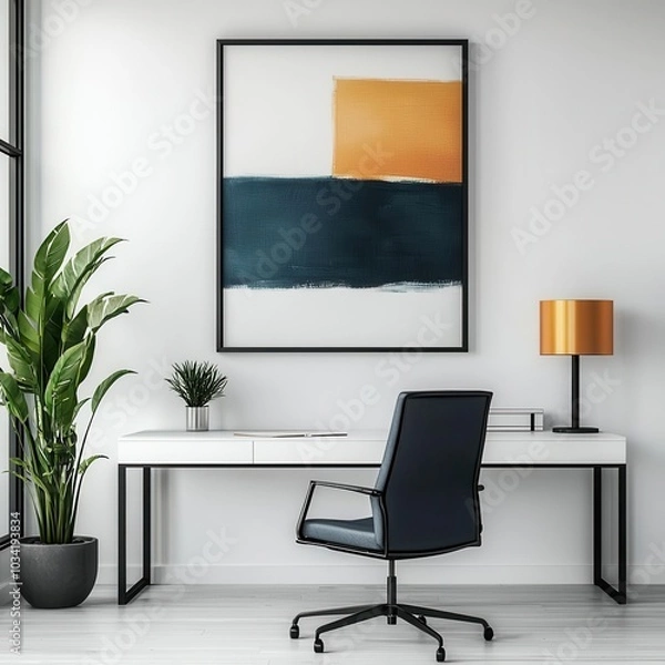 Obraz Elegant executive office with clean white walls, minimalist furniture, and abstract art, modern office, executive workspace