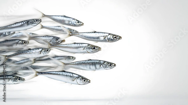 Fototapeta Vibrant group of schooling sardines in motion, showcasing their sleek bodies and shimmering scales as they swim together in dynamic formation