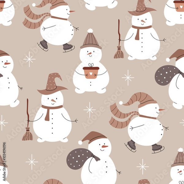 Fototapeta Seamless pattern with cute snowmen with gifts, broom, on skates. Vector illustration.