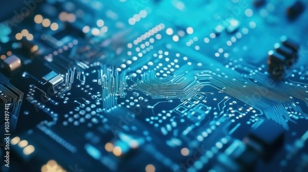 Fototapeta Close-up of a Circuit Board with Intricate Patterns and Glowing Blue Lights