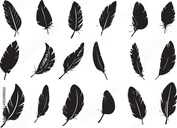 Fototapeta Set of bird feathers on a white background, line art, feather silhouettes.
