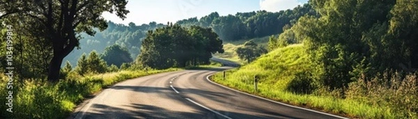 Obraz Curving road through a lush green forest with sunlight breaking through the trees.