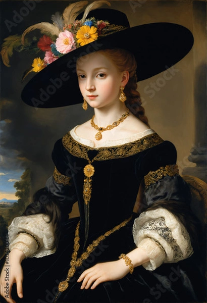 Obraz Renaissance-style painting portrait of a 19th century princess in black dress, Generative AI	
