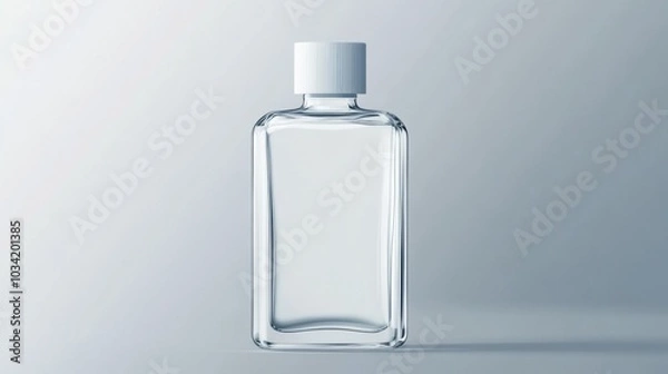 Fototapeta Transparent glass bottle with a white cap in vector format against a plain grey backdrop, ready for label and branding