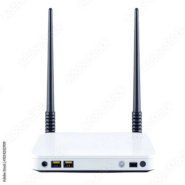 Fototapeta Wireless router with external antennas on a white isolated background.