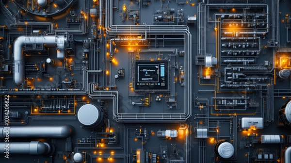 Fototapeta Aerial view of complex industrial network with glowing pipelines and machinery