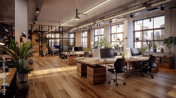 Obraz A contemporary office layout with wooden flooring, abundant natural light, plants, and workstations designed for collaboration and productivity