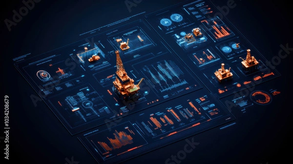 Fototapeta Digital interface displaying real time data from oil rig with graphs and metrics