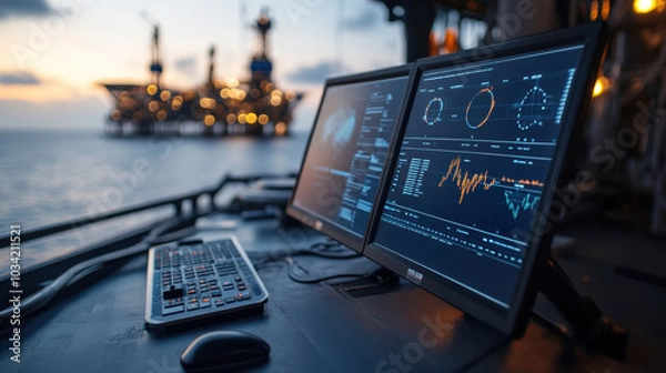 Fototapeta Monitoring station on oil platform with data displays and sunset view