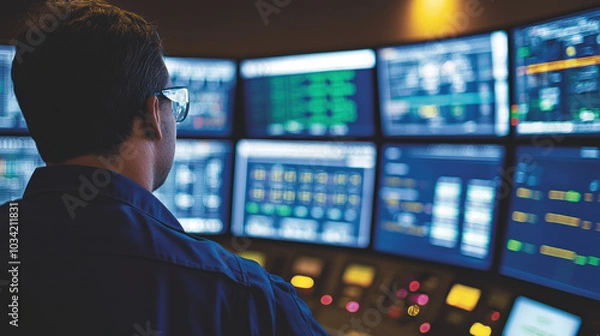 Fototapeta Efficient engineer monitoring data on multiple screens in control room
