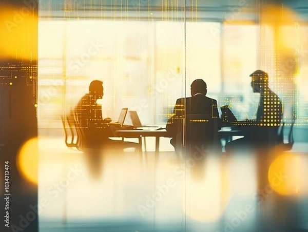 Fototapeta Silhouetted men in suits collaborating in a modern office with digital overlay effects.