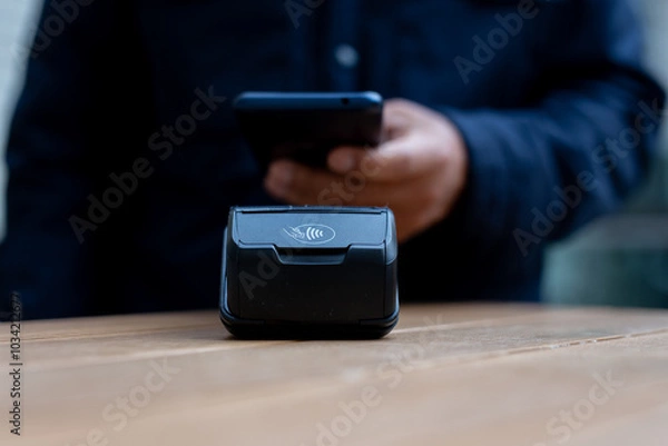 Obraz Customer using smartphone to make contactless payment in a cafe