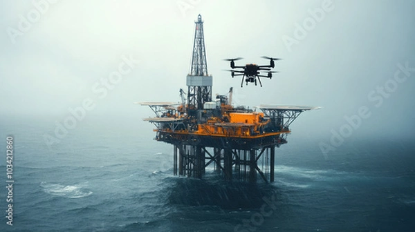 Fototapeta Oil platform in stormy weather with monitoring drones showcasing resilience