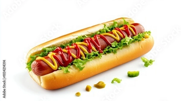 Fototapeta Tasty Hot Dog with Ketchup and Mustard, a classic American snack, featuring a juicy sausage nestled in a fresh bun, topped generously with tangy ketchup and zesty mustard.