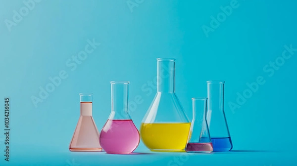 Obraz A photograph of laboratory glassware with different colored liquids in them on a blue background.