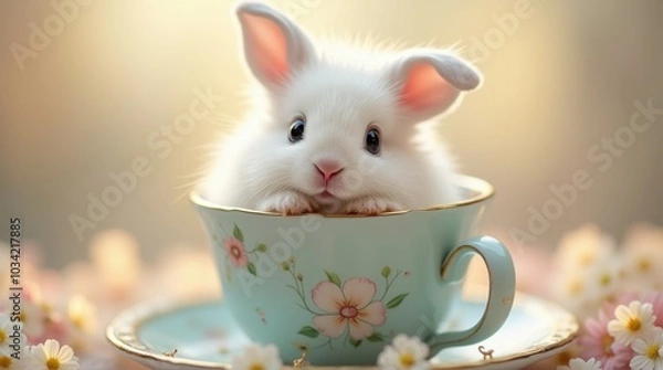 Fototapeta A fluffy white bunny sits snugly inside a pastel-colored teacup, its soft fur contrasting beautifully with the delicate hues of the cup.