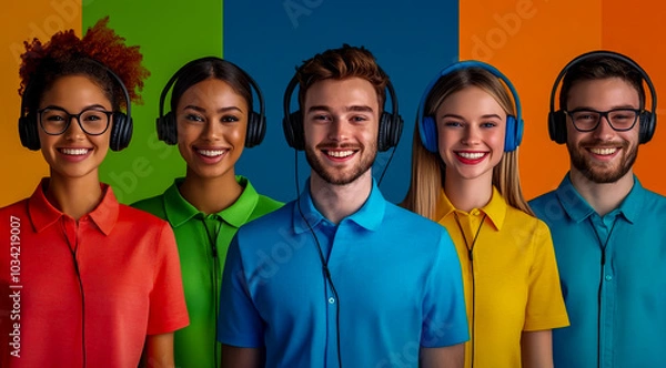 Fototapeta Photorealistic image of five smiling people in brightly colored shirts wearing headsets.