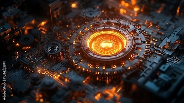 Fototapeta Close-up of a glowing futuristic machine with intricate gears and circuits.