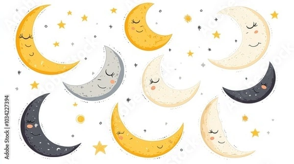 Fototapeta A vector collection of moon stickers with cute faces, showing new, crescent, and full moons on a white background for a charming, night-themed design.