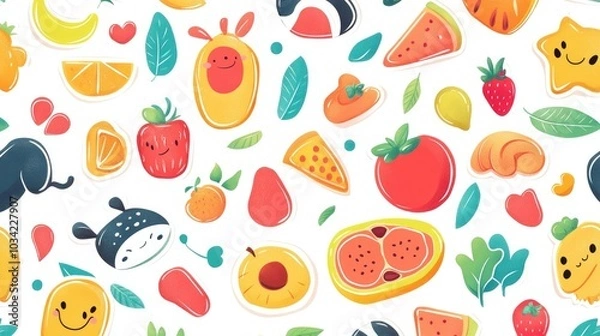 Fototapeta A vibrant vector set of colorful cartoon stickers featuring animals, food, and fun shapes on a crisp white background, perfect for kids' projects.