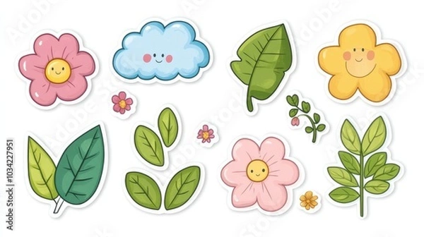 Fototapeta An assortment of cute cartoon stickers featuring nature-themed icons like leaves, flowers, and clouds, isolated on a white background for easy customization.