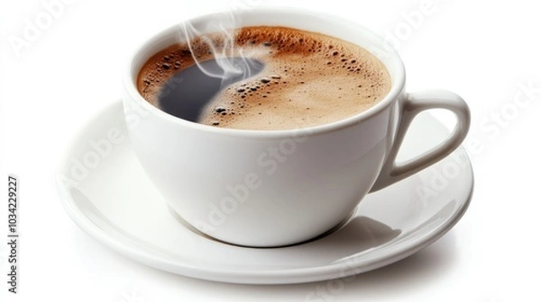 Fototapeta Close-up of a white cup of hot Americano coffee with visible steam, isolated on a white background for a fresh and warm vibe.