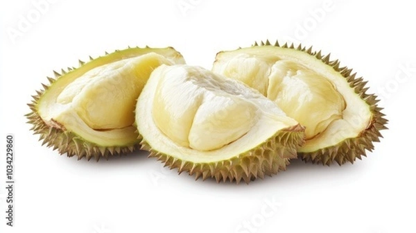Fototapeta Durian fruit halves with visible segments of creamy yellow flesh on a white background, ideal for exotic fruit product images.