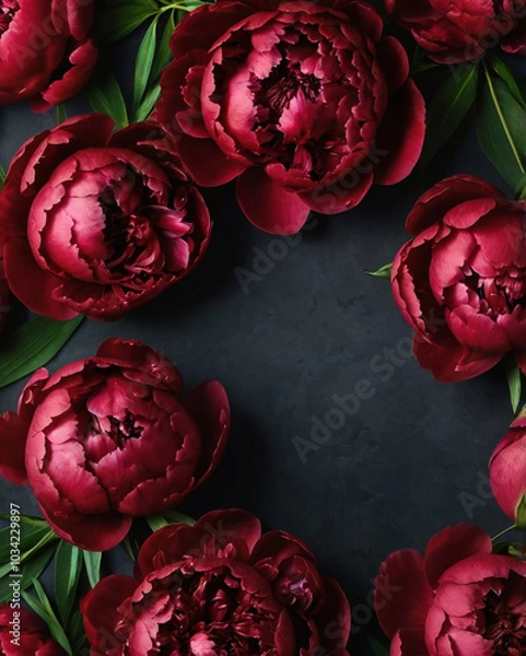 Fototapeta Dark red fresh peony flowers delicate background. Celebrating of spring and summer. Floral template.
Empty space for text.