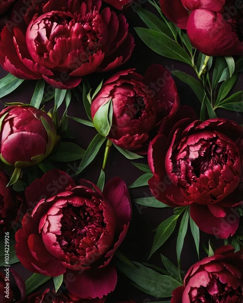 Fototapeta Dark red fresh peony flowers delicate background. Celebrating of spring and summer. Floral template.
