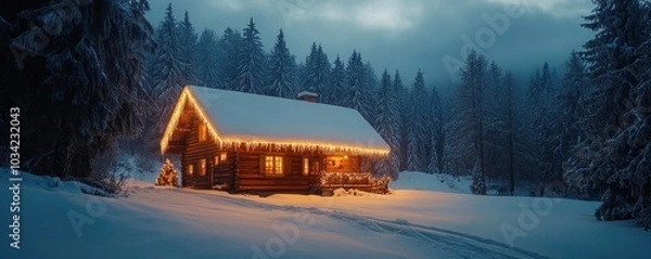 Fototapeta Snowy cabin in a forest with Christmas lights adorning the roof and pine trees