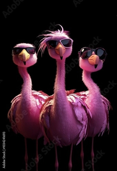 Fototapeta Three pink flamingos wearing sunglasses on a dark background, fun summer party vibe