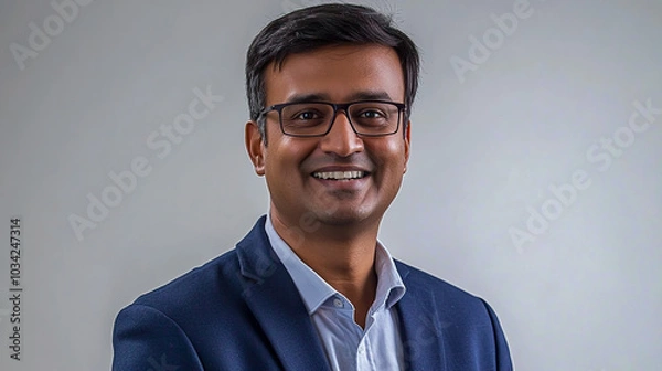 Obraz A professional headshot of an urban man in his late thirties, wearing glasses and business attire.