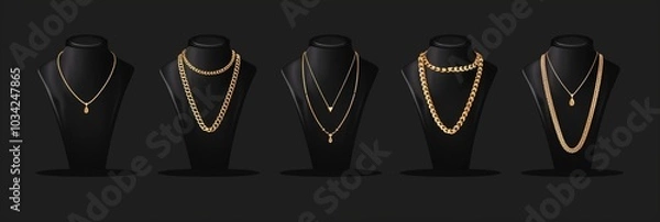Fototapeta Set of golden necklaces on black mannequin stands, isolated on a dark background.