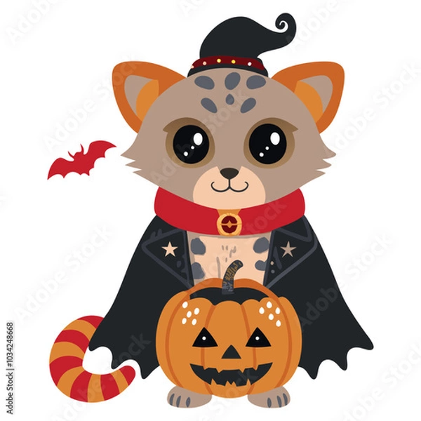 Obraz Cat in Vampire Costume. A cute cat dressed as a vampire, holding a pumpkin. Perfect for Halloween projects, invites, or decorations!