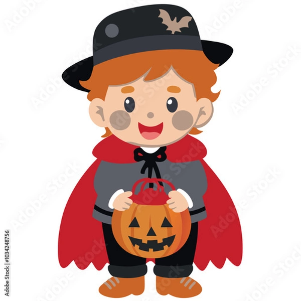 Obraz Boy in Vampire Cape. A boy wearing a vampire cape and holding a pumpkin, perfect for festive Halloween designs or invitations.