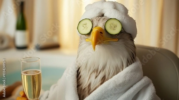 Fototapeta This eagle is enjoying a luxurious spa day with cucumber eye treatment and champagne.