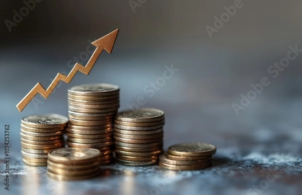 Fototapeta Growing Stack of Coins with Upward Arrow Symbolizing Financial Success