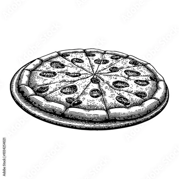 Fototapeta Whole Pizza in Detailed Black and White Outline Line Art Drawing with Slices and Toppings