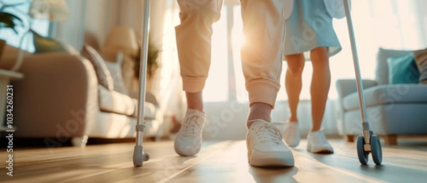 Fototapeta Closeup of Feet Using Walking Aids in a Living Room, senior using walker equipment with assist