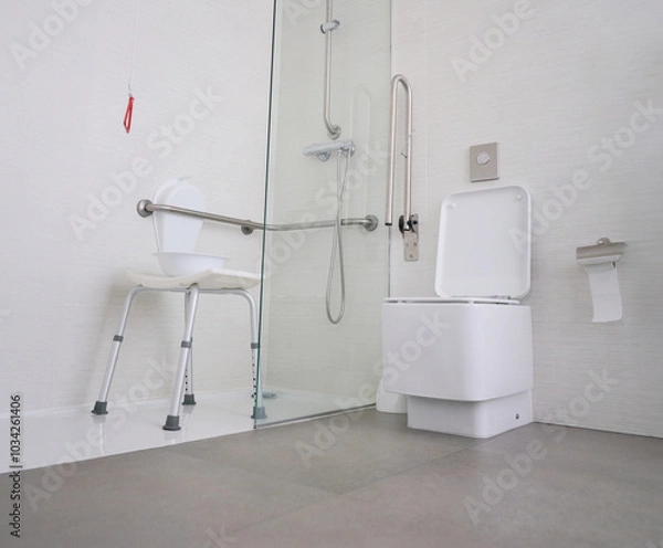 Fototapeta Hospital bathroom equipped with accessible fixtures for all types of users and an emergency pull cord. Includes a toilet, shower area with grab bars, a bath bench, and personal hygiene items